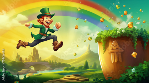 Leprechaun jumping over Rainbow next to Pot of Gold,  Irish castle in the far distance