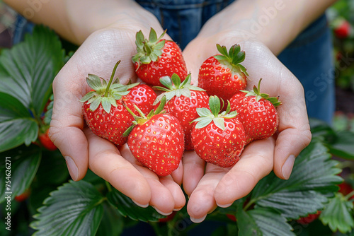 A woman enjoying her home garden holds freshly picked homemade strawberries in her hands. Gardening and vegetable cultivation concept.
