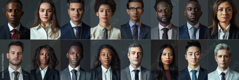 Collage of portraits of an ethnically diverse and mixed age group of focused business professionals