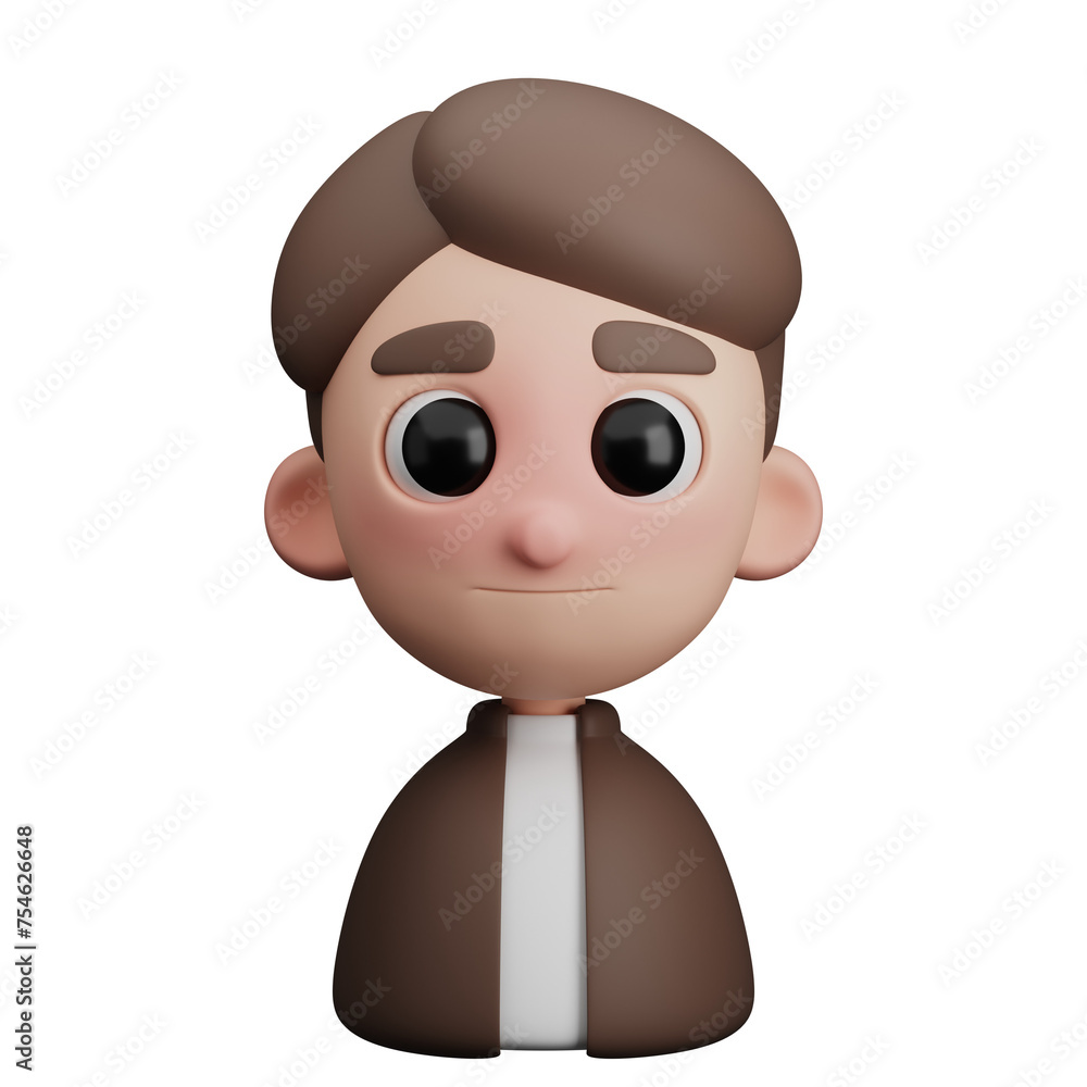 3D Avatar of brown hair, young boy wearing white t-shirt and brown jacket