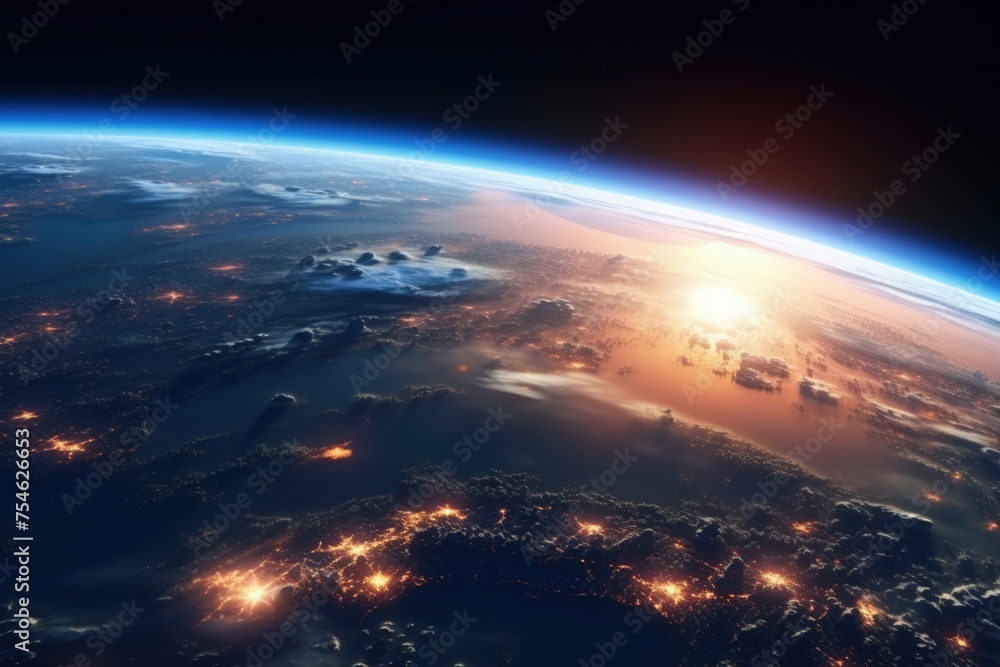 Earth from Space, Glowing City Lights and Clouds View