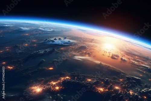 Earth from Space  Glowing City Lights and Clouds View