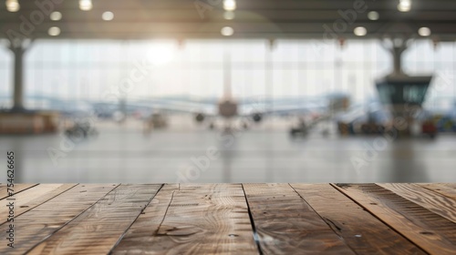 Wooden table top with copy space. Airport background