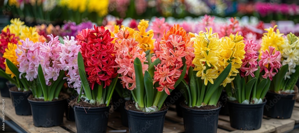 Vibrant hyacinth flowers in pots on blurred background, ideal for text placement.