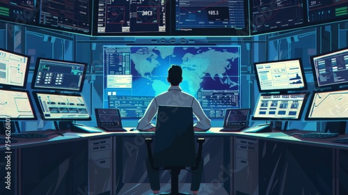 Engineer working at control room,Manager control system,Technician man monitoring program from a lot of monitor photo