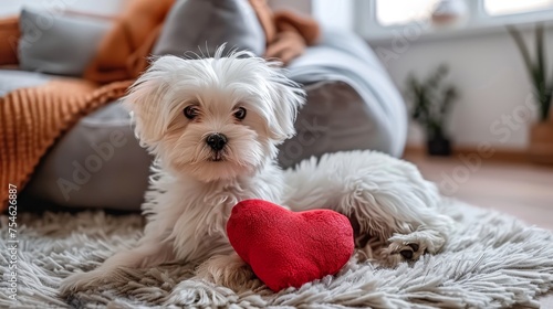 A cute white puppy on plush rug in cozy living room, bathed in sunlight, adoring red heart toy