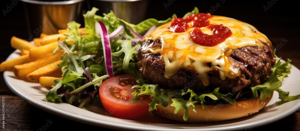 An American cheeseburger topped with crisp lettuce, juicy tomato slices, and a drizzle of ketchup, served with a side of fresh salad. An American cheeseburger topped with crisp lettuce, juicy tomato slices, and a drizzle of ketchup, served with a side of fresh salad.