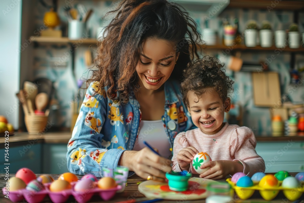 Loving ethnic young mother teaching happy little kid soon to dye and decorate eggs.Easter traditions Loving ethnic young mother teaching happy little kid soon to dye and decorate eggs.Easter traditions