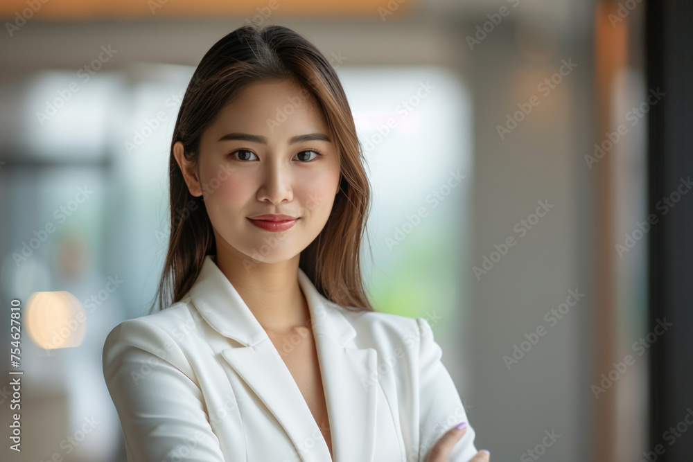 Asian businesswoman in white formal suit dress arms crossed in modern office