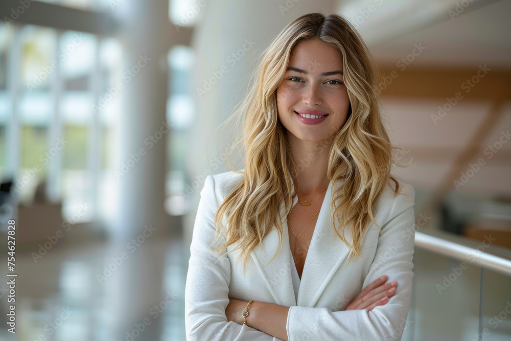 Blonde businesswoman in white formal suit dress arms crossed in modern office Blonde businesswoman in white formal suit dress arms crossed in modern office