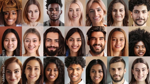 Multi-ethnic people of different ages looking at the camera collage mosaic horizontal banner. Many multiracial business people group smiling faces in headshot portraits. Wide panoramic header design