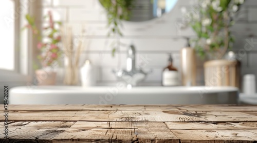 Wooden table top with copy space. Bathroom background photo