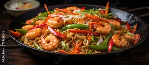 A wok filled with Asian noodles, stir-fried with juicy shrimp and fresh vegetables. The dish is being prepared on a dark cooking pan, showcasing a delicious and savory meal in the making.