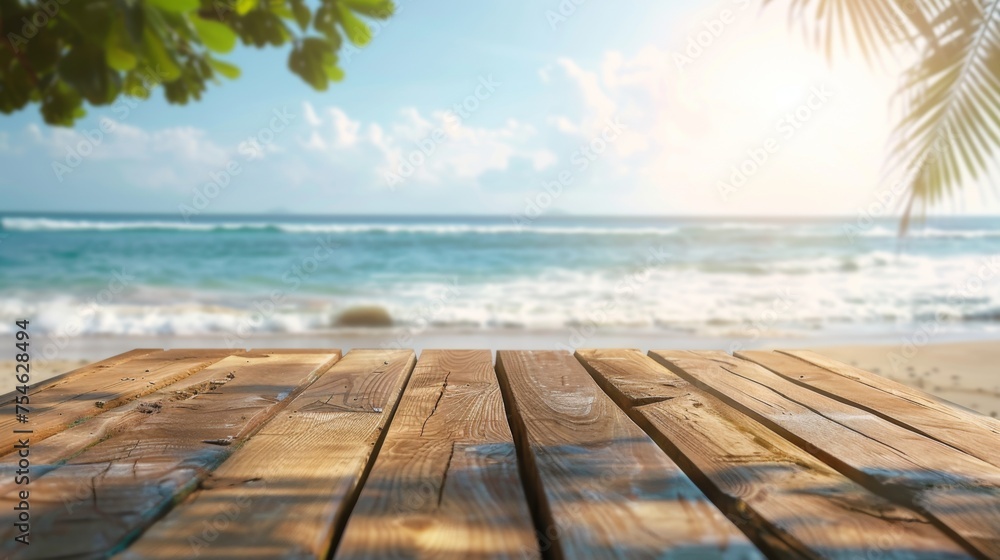 Fototapeta premium Wooden table top with copy space. Beach background