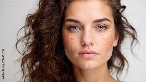 a beautiful young woman with acne on her face photo