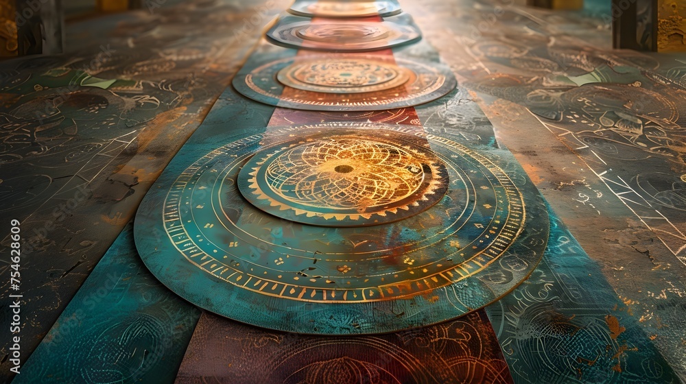 Vibrant Mandalas on Wooden Table Representing Elements of Life with Ancient Symbols and Runes