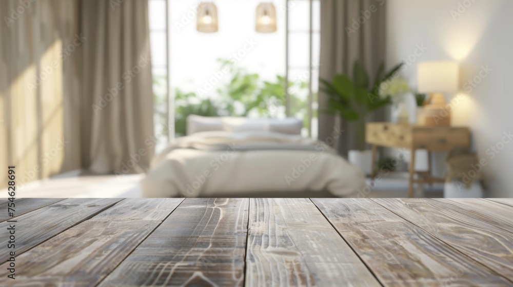 Wooden table top with copy space. Bedroom background