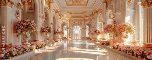 Luxury Palace Interior decorated with pink roses. Palace Interior background photo
