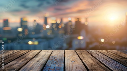 Wooden table top with copy space. Cityscape background
