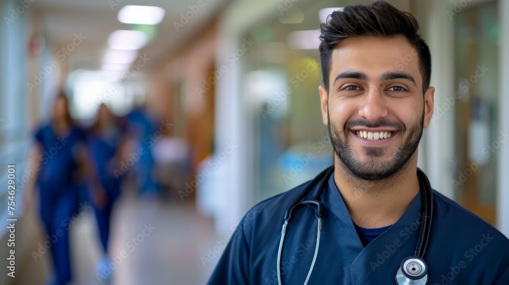 Smiling Middle Eastern man nurse with stethoscope looking at camera. Young doctor smiling while standing in hospital corridor with the health care team in the background. Successful Indian surgeon Smiling Middle Eastern man nurse with stethoscope looking at camera. Young doctor smiling while standing in hospital corridor with the health care team in the background. Successful Indian surgeon