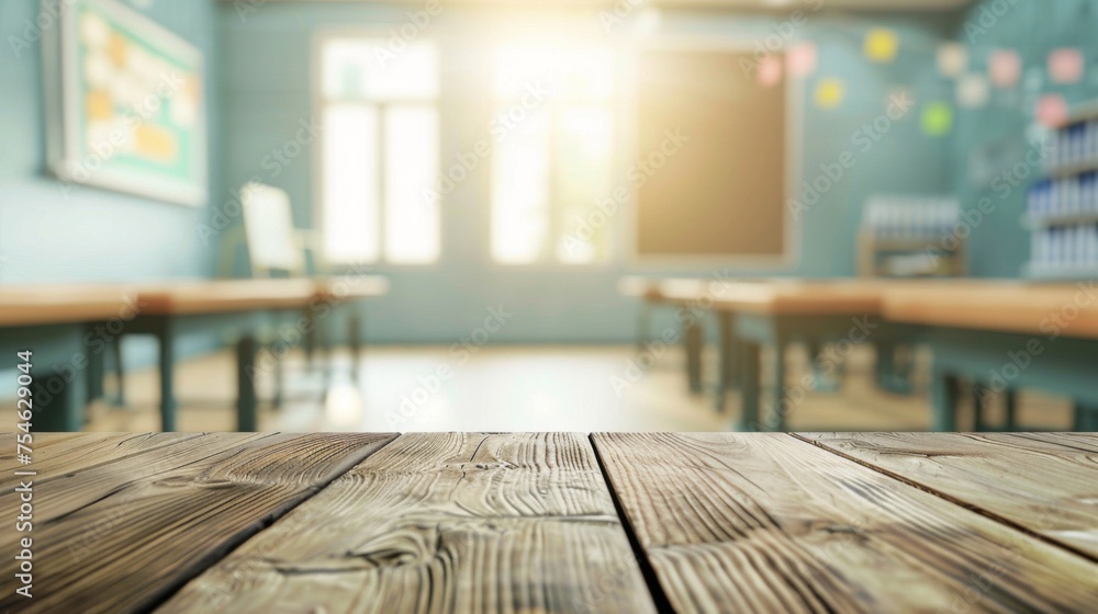Wooden table top with copy space. Classroom background Wooden table top with copy space. Classroom background