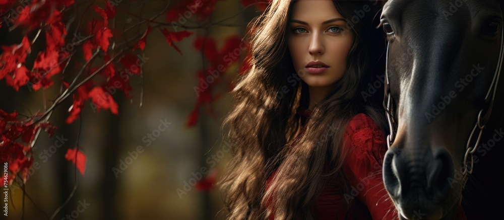 A beautiful brunette woman with long hair standing next to a majestic red horse in an autumn forest. The woman appears calm and confident as she interacts with the horse. A beautiful brunette woman with long hair standing next to a majestic red horse in an autumn forest. The woman appears calm and confident as she interacts with the horse.