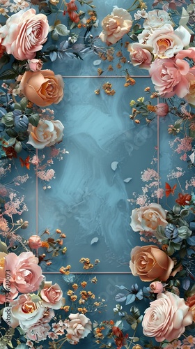 Generative AI illustration of portrait oriented blank frame nestled among a lush arrangement of roses and other flowers with a soft blue backdrop
