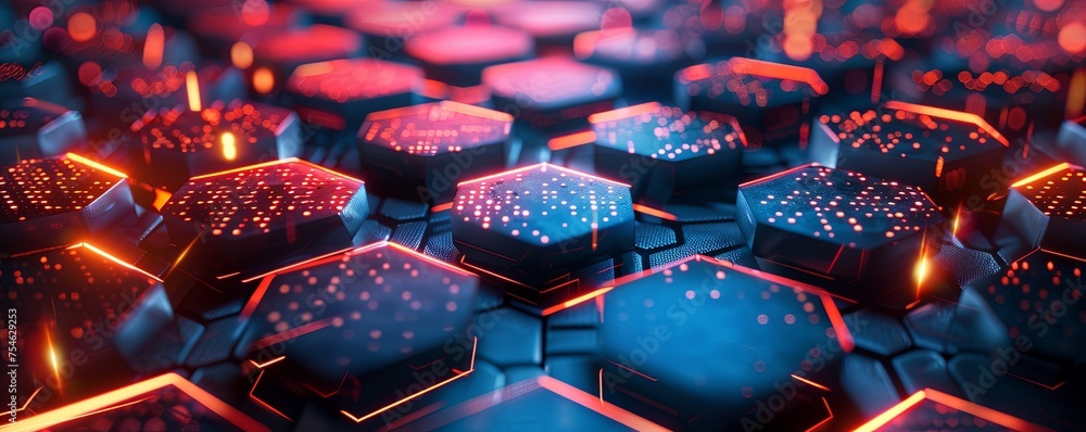 Abstract background hexagon pattern with glowing lights - Generative Ai Abstract background hexagon pattern with glowing lights - Generative Ai