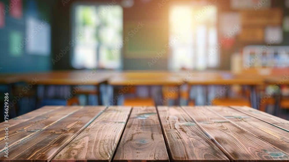 Wooden table top with copy space. Classroom background Wooden table top with copy space. Classroom background