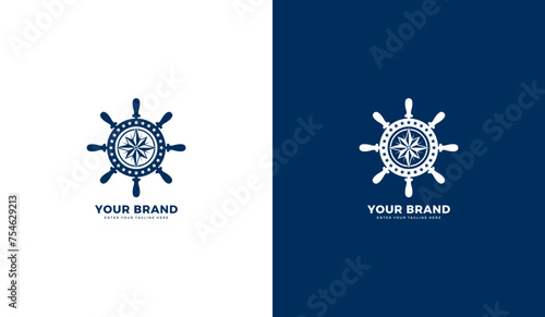 Ship steering compass logo. Steering wheel icon, cardinal directions, compass. Vector illustration template design