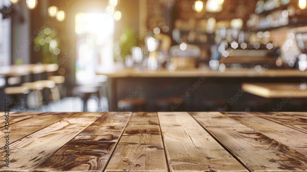 Wooden table top with copy space. Coffee shop background