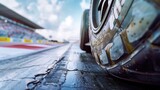Close-up of a racing car tire on a wet track, conveying speed, precision, and motorsport excitement
