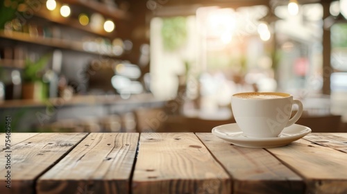 Wooden table top with copy space. Coffee shop background