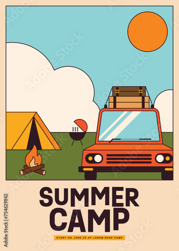 Summer camping poster template design decorative with tent, bonfire, car parking at the base camp on sunny day