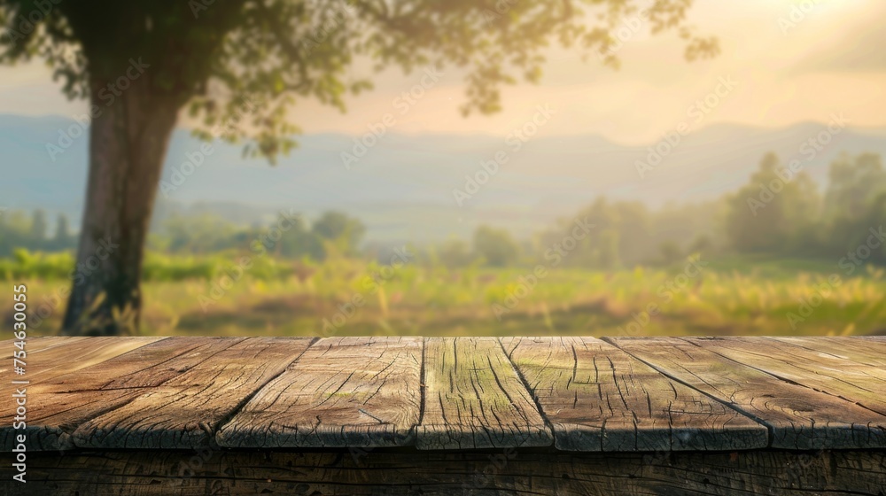 Obraz premium Wooden table top with copy space. Countryside background