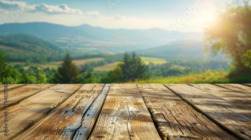 Wooden table top with copy space. Countryside background