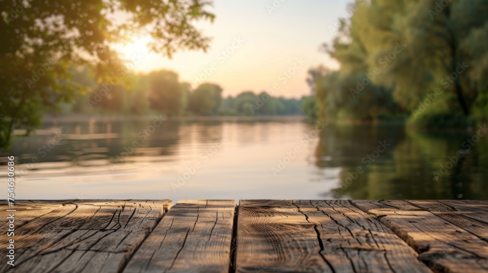Wooden dock copy space. River background Wooden dock copy space. River background