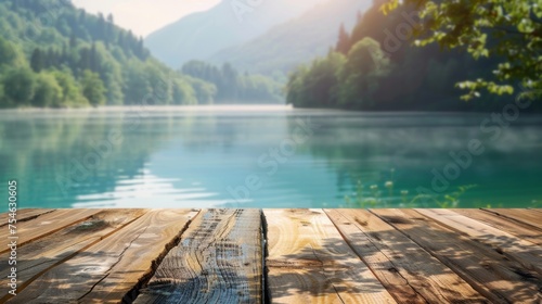Wooden dock with copy space. Lake background