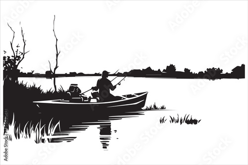 Fisherman in boat silhouette  Vector illustration