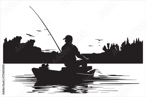 Fisherman in boat silhouette  Vector illustration