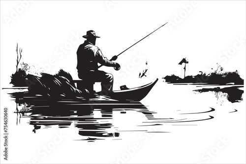 Fisherman in boat silhouette  Vector illustration