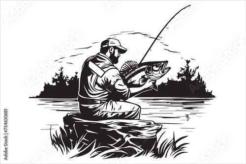 Fisherman fishing silhouette vector illustration