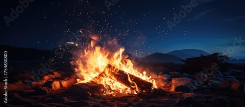 A fire burns fiercely in a field at night  casting a warm glow and sending sparks into the dark sky above. The flames dance and crackle  creating a stark contrast against the black background.