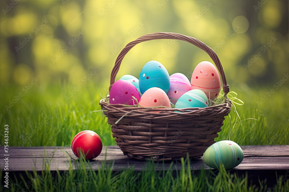 Easter Eggs in Basket, Bokeh Green Grass Background Easter Eggs in Basket, Bokeh Green Grass Background