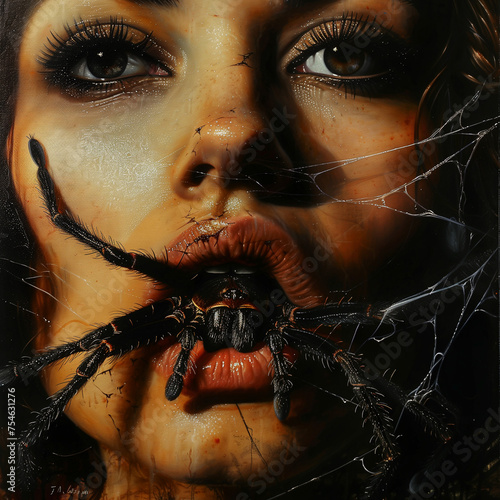 A hyperrealistic portrait of a woman with piercing blue eyes and freckles, her mouth eerily close to a large tarantula spider, encapsulating a tense fusion of beauty and horror.