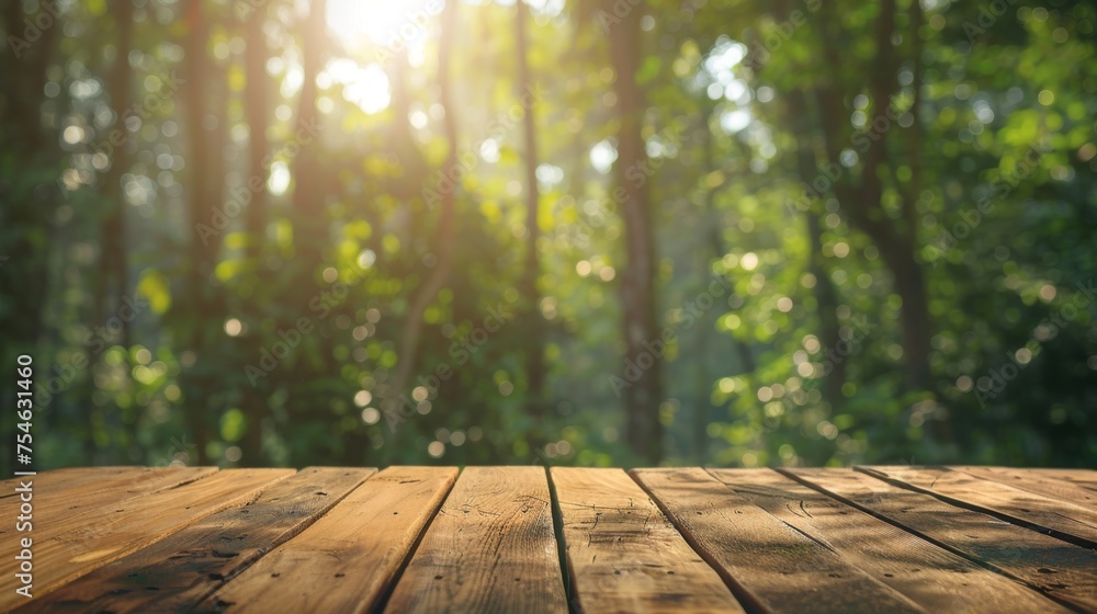 Wooden table top with copy space. Forest background Wooden table top with copy space. Forest background