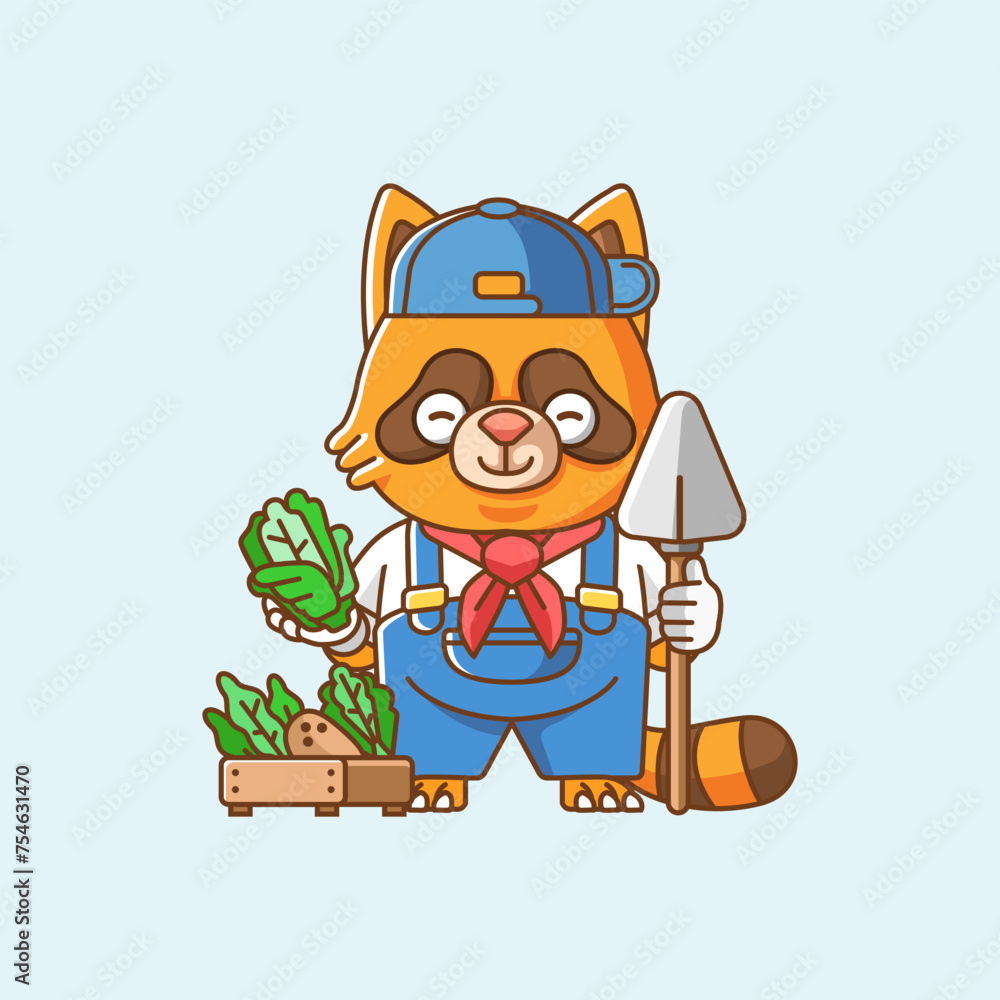 Cute raccoon farmers harvest fruit and vegetables cartoon animal character mascot icon flat style illustration concept