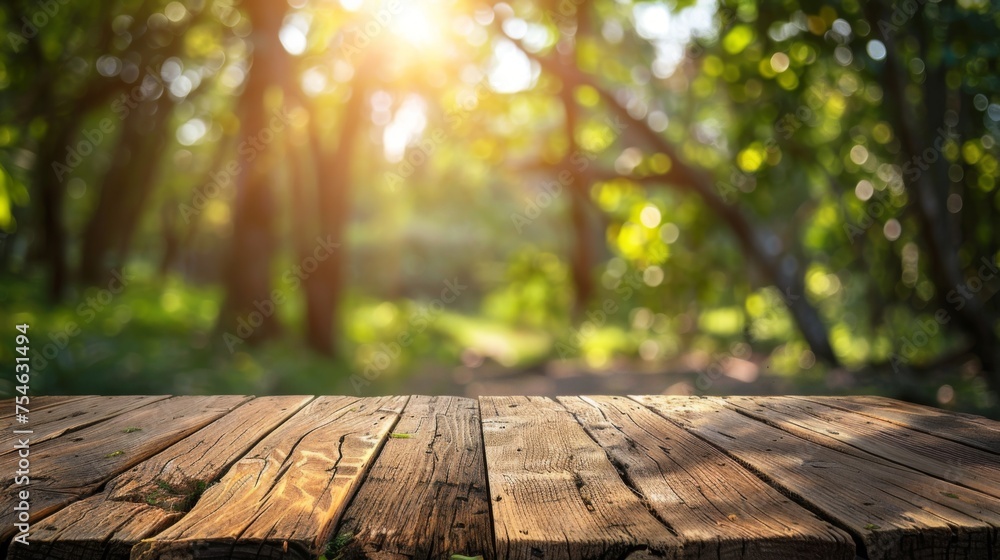 Wooden table top with copy space. Forest background Wooden table top with copy space. Forest background