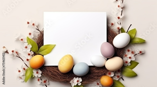 Easter Card With Eggs and Flowers on Bird Nest. Easter Sunday Greeting Card Banner Poster with Copy Space for Text