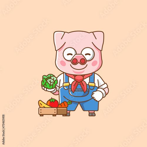 Cute pig farmers harvest fruit and vegetables cartoon animal character mascot icon flat style illustration concept